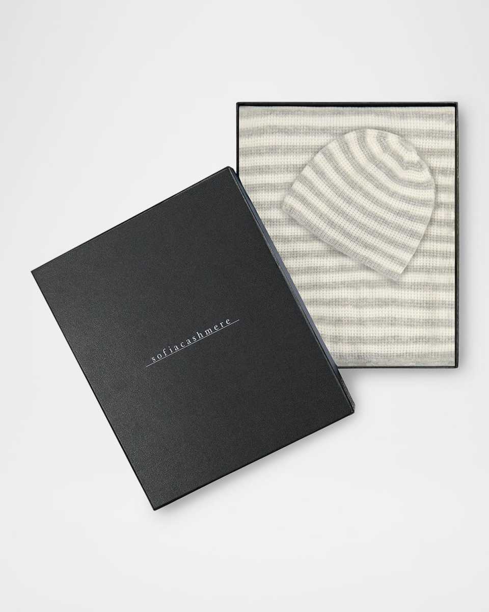 Striped Cashmere Thermal Baby Blanket and Hat Set
